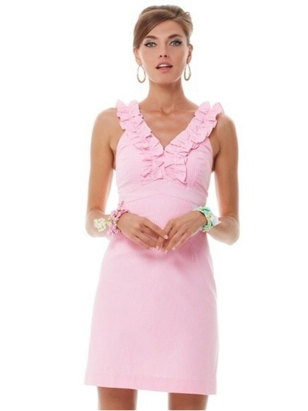 Lilly Pulitzer Phoebe Pink Seersucker Ruffle V-Neck Dress